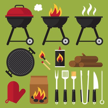 Barbekü simgeler, düz stil araçları.