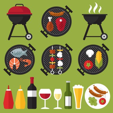 Barbekü gıda simgeler, düz stil.