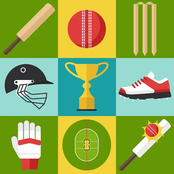 Cricket pictogrammen, vlakke stijl. — Stockvector