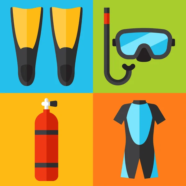 Diving equipment icons, flat style. — Stock Vector