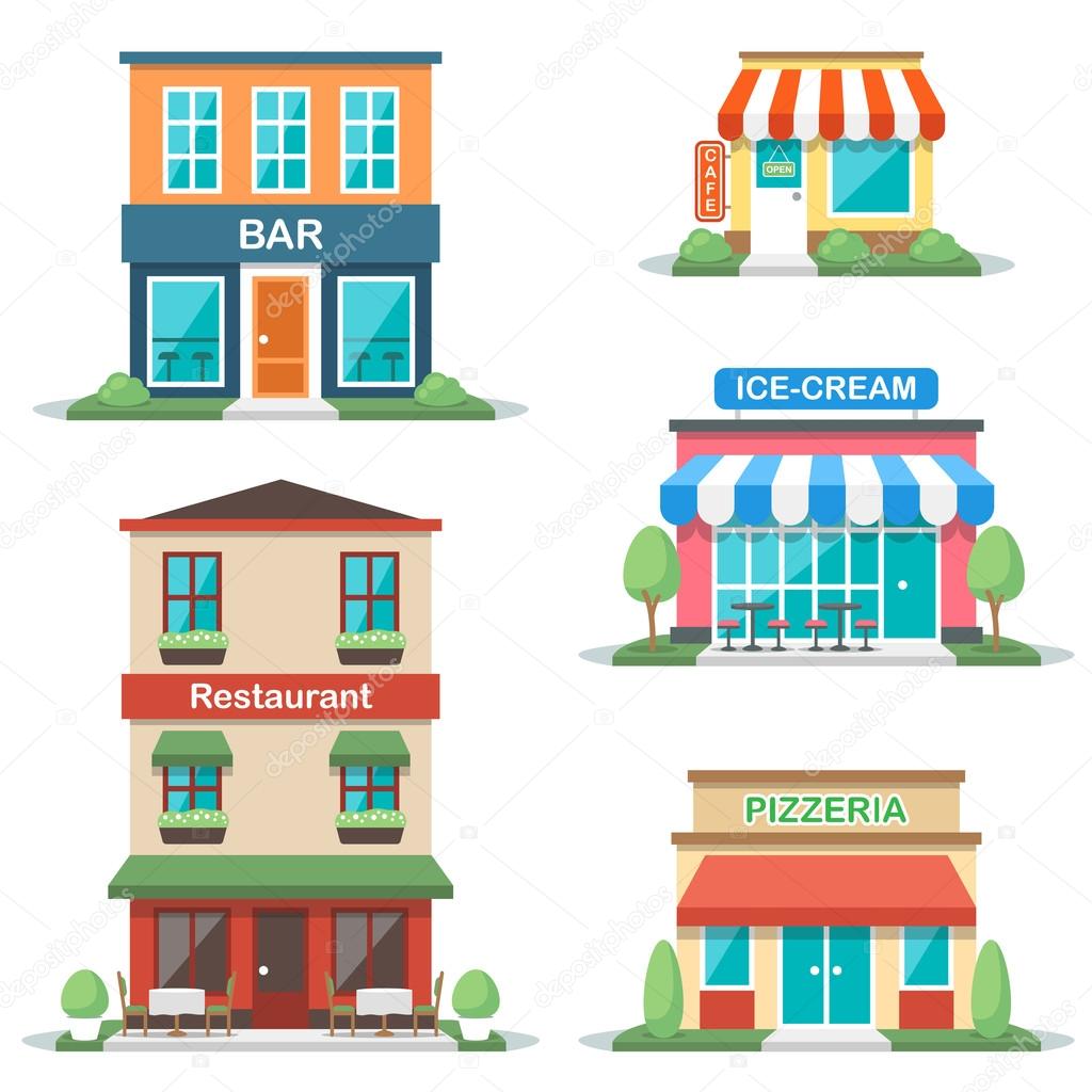 Cafe fronts illustrations, flat style.