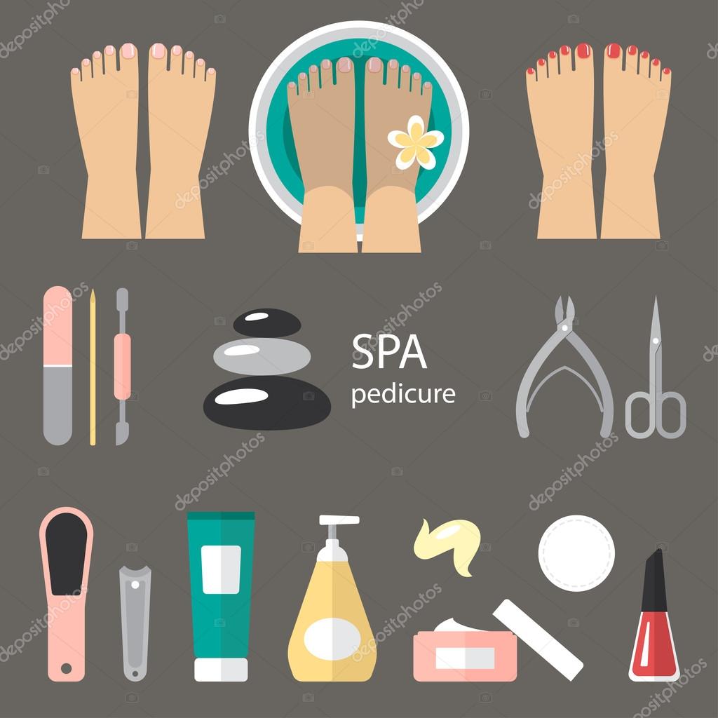 Vector set of pedicure tools, feet, cosmetics, nail polish, and spa pedicure logo.