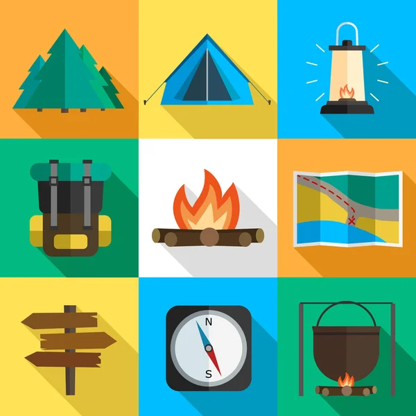 Hiking icons, flat style. Stock Illustration