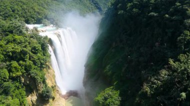 Cascada de Tamul tropikal bitkilerle çevrili yüksek bir uçurumdan düşen güçlü su gösteriyor. İnsanlar bu doğal alanın güzelliğini San Luis Potosi, Meksika 'da yaşıyorlar..