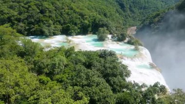 Cascada de Tamul tropikal bitkilerle çevrili yüksek bir uçurumdan düşen güçlü su gösteriyor. İnsanlar bu doğal alanın güzelliğini San Luis Potosi, Meksika 'da yaşıyorlar..