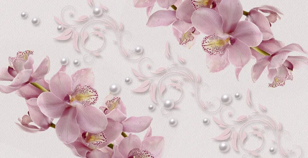 Текстура Шпалер Рожеві Орхідеї Перлини Акварельному Папері Ніжний Квітковий Дизайн Ліцензійні Стокові Фото
