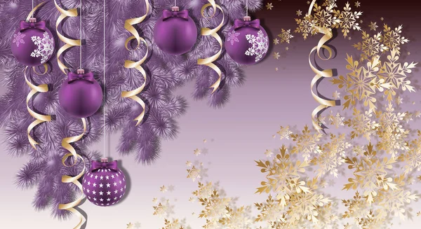 Різдво Новим Роком Фіолетові Різдвяні Кульки Гілки Ялинки Золоті Змії Стокове Зображення