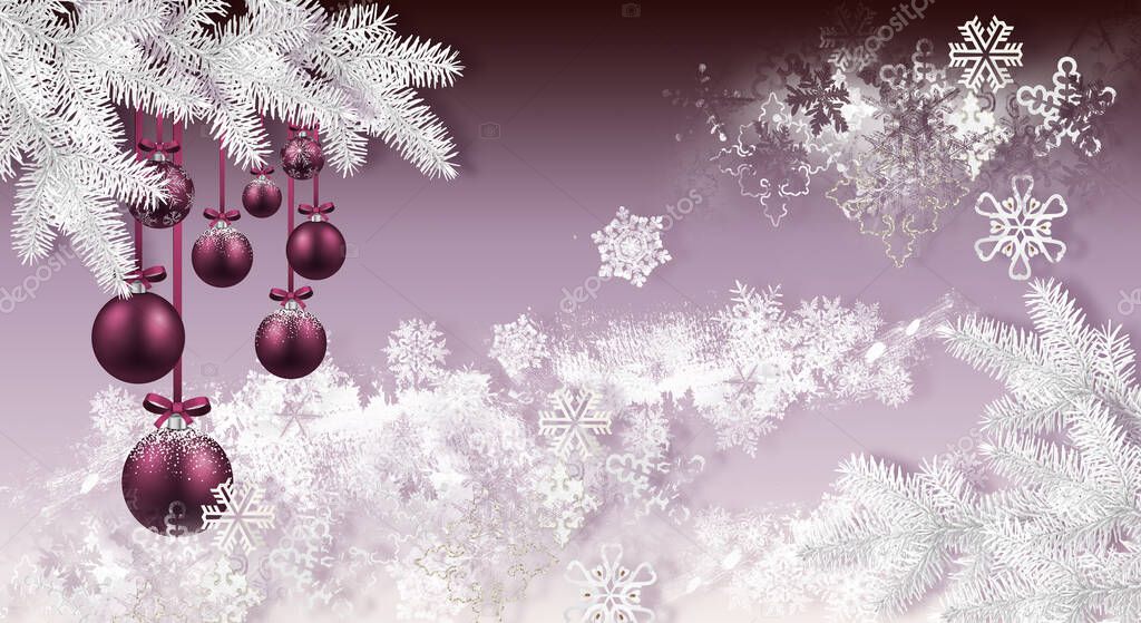 Christmas, Happy New year. Purple christmas balls and fir tree branches, white snowflakes.