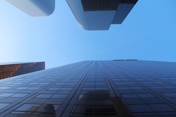 Looking up downtown highrise at Los Angeles, California