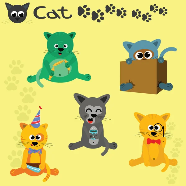 Zestaw pięciu koty kotów kreskówka — Wektor stockowy