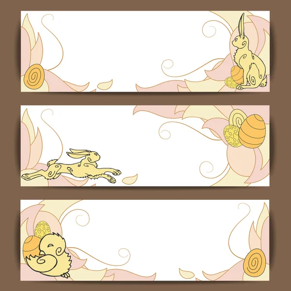 Colorful illustration background, invitation or greeting card template with beautiful Easter eggs, Easter bunny and cute chicken. Happy Easter.