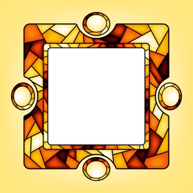 Colorful illustration background, invitation or greeting card template with golden ornament and square frame for the text. Stained glass window mosaic style.