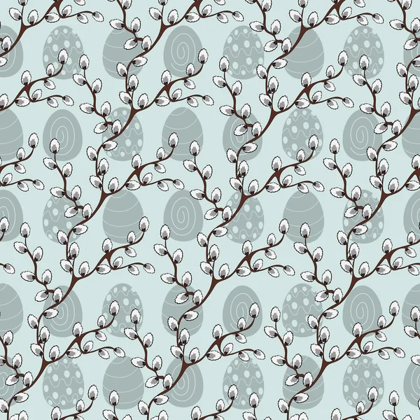 Seamless pattern background with beautiful pussy-willow spring branches and Easter eggs. Happy Easter.