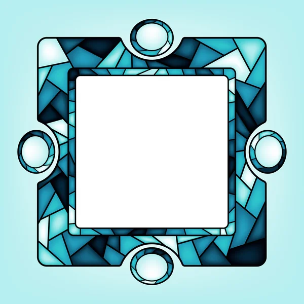 Colorful illustration background, invitation or greeting card template with azure ornament and square frame for the text. Stained glass window mosaic style.