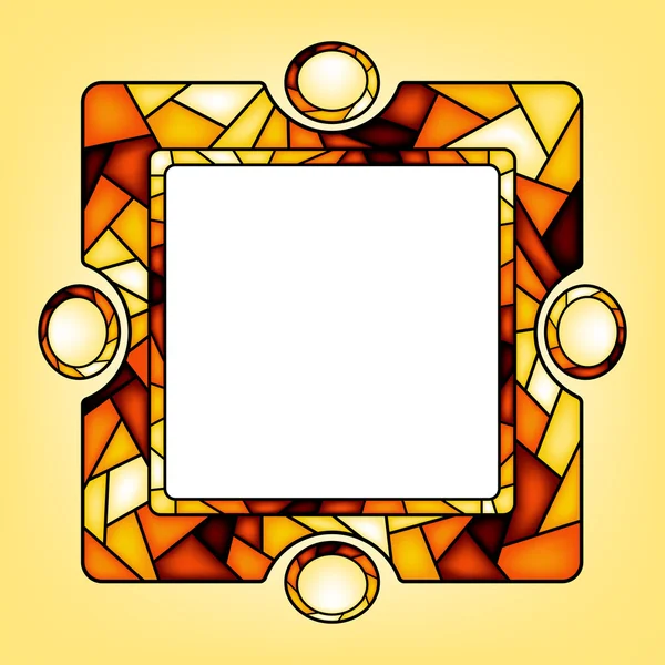 Colorful illustration background, invitation or greeting card template with golden ornament and square frame for the text. Stained glass window mosaic style.