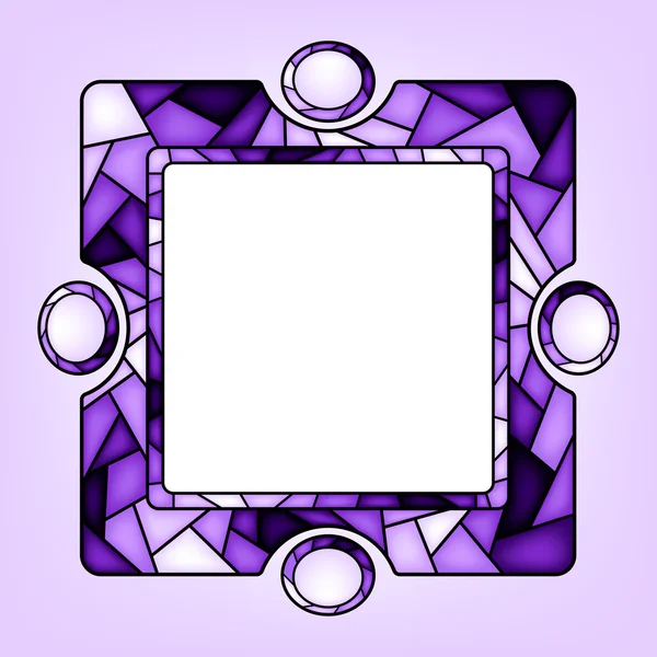 Colorful illustration background, invitation or greeting card template with purple ornament and square frame for the text. Stained glass window mosaic style.