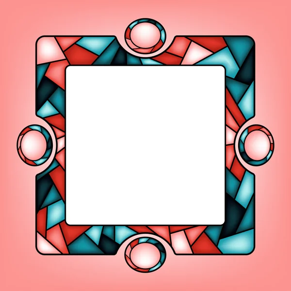 Colorful illustration background, invitation or greeting card template with ornament and square frame for the text. Stained glass window mosaic style.