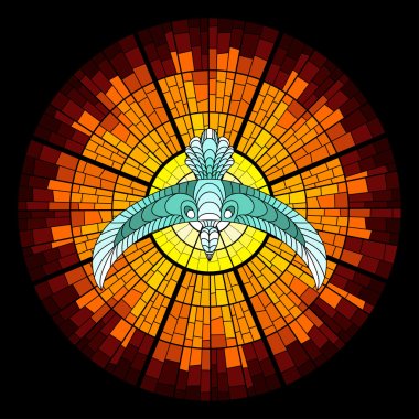 Colorful illustration background with pigeon and glowing sun with rays. Stained glass window mosaic style.
