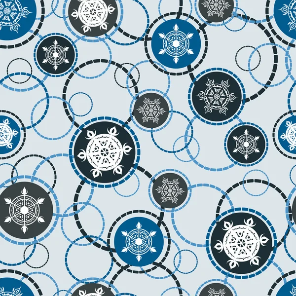 Fondo de patrón sin costuras con círculos geométricos y hermosos copos de nieve de invierno en estilo étnico . — Archivo Imágenes Vectoriales