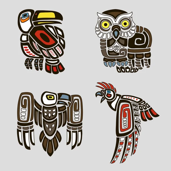 Colorido conjunto de aves incluye búho, tucán, águila y loro en estilo étnico dibujado a mano . Ilustración de stock