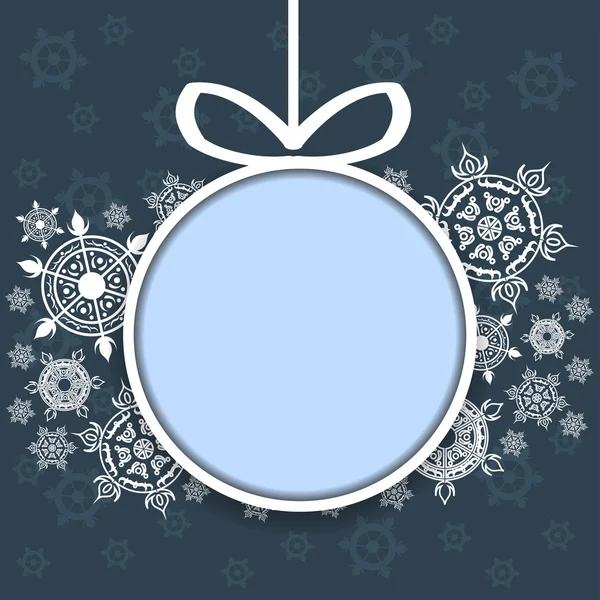 Fondo colorido de la ilustración, invitación o plantilla de tarjeta de felicitación con hermosos copos de nieve de invierno, bola de árbol de Navidad y marco de círculo para el texto . Ilustraciones de stock libres de derechos