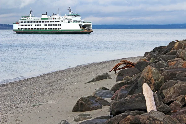 Kayalar ve dalgaların karaya attığı odun geçen feribot