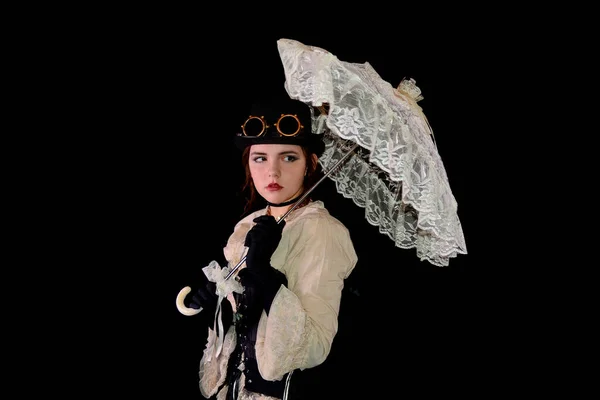Young Girl Steam Punk Look Holding White Open Umbrella Made — Stock Photo, Image