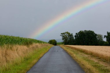 Kırsalda bir gökkuşağı, tarlalar arasında küçük bir yol