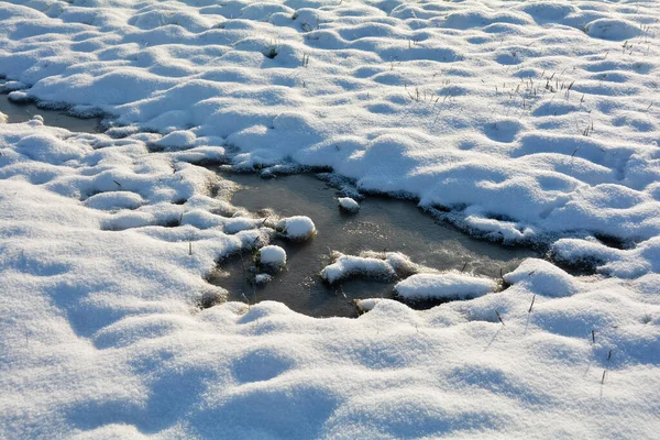 Neve Profunda Água Congelada Campo Dia Frio Inverno — Fotografia de Stock