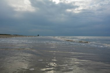 Kuzey Denizi kıyısında bulutlu gökyüzü olan kumlu bir sahilde akşam yürüyüşü