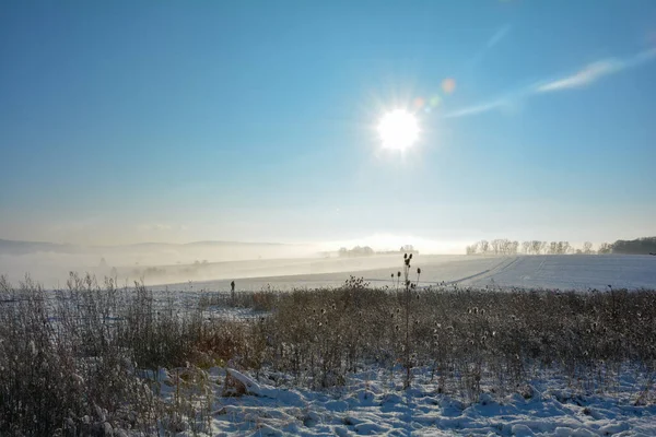 Paesaggio Invernale Con Neve Campi Cielo Azzurro Sole Camminatore — Foto Stock