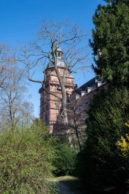 Aschaffenburg, Almanya 'da Johannisburg Kalesi' nin önünde mavi bir gökyüzüne karşı duran yeşil ağaçlar.