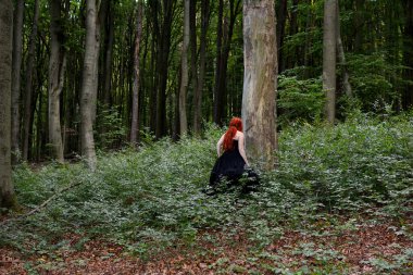 Uzun siyah elbiseli kızıl saçlı bir kadın eğrelti otlarının arasında yeşil bir ormanda yürüyor..