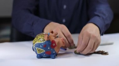 Finansal analist, Çek sikkelerini karşılaştırıyor ve bloğunda çeşitli miktarlarda yazıyor. Video çekimi Full HD 60 fps.