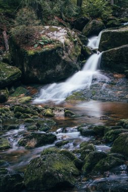 Çek Cumhuriyeti 'nin kuzeyindeki Jizera Dağları' nın doğal koruma alanına gizlenmiş küçük Jedlova nehrindeki iki büyük şelalenin çağlayanı. Avrupa 'nın vahşi doğasında büyük hazineler saklı..