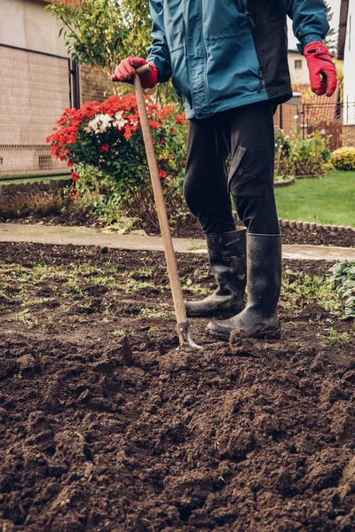 gardener takes a break after digging the whole garden. Manual work in agriculture in autumn. Old clothes and a spade and rubber boots.