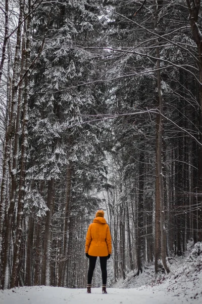 Femme Floue Âgée Ans Tenant Milieu Une Route Enneigée Neigeant — Photo