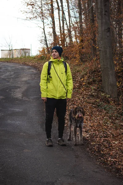 Young Man Yellow Jacket Aged Walk Czech Mustache Hunting Dog — Stock Photo, Image