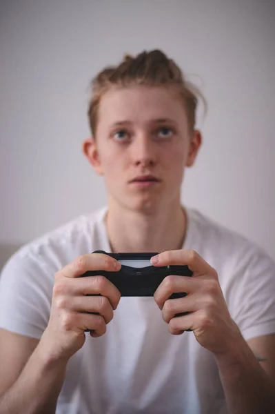 Closeup Game Controller Player Who Intently Watching What Video Game — Stock Photo, Image