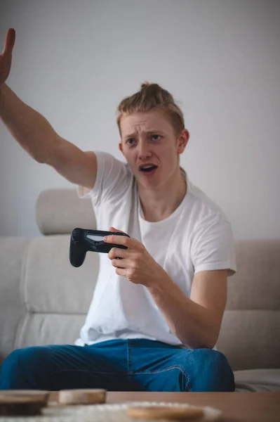 Blond Man European Descent Throws His Hands Throws Controller Lost — Stock Photo, Image