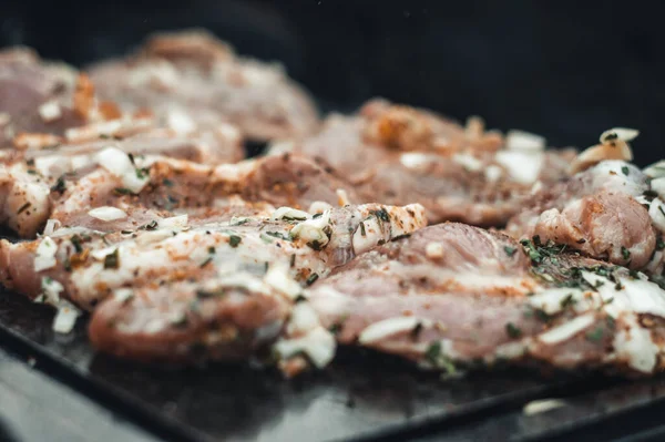 Prachtig Detail Van Het Grillen Van Varkensvlees Een Granieten Steen — Stockfoto