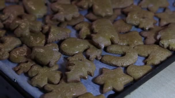 特写美丽脆的圣诞姜饼形状的树 雪人等 平安夜晚餐的糖果 家庭团聚 — 图库视频影像