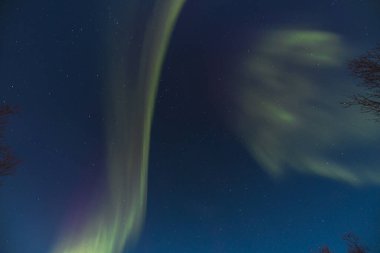 Kuzey Norveç 'in Malangen bölgesinde Aurora Borealis' in sihirli yeşil şeridi, kuzey fantezisi. Dünya 'dan gözlemlenebilen astronomik bir fenomen