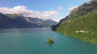 The beautiful Interlaken valley and Thunersee lake, Beatiful river at Switzerland in sunny day during summer, Aereal drone view of stunning idyllic nature scenery of lake Brienz with turquoise waters