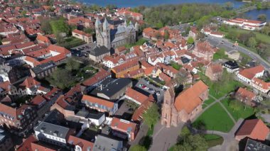 Summer panorama of Viborg, Midtjylland, Denmark. Aerial skyline view of the old town. Viborg ancient cathedral in the middle of Denmark, Traditional danish architecture. Street in Viborg, 