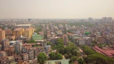  Futuristic aerial view panorama of developing Yangon city , Aerial view of Sule pagoda in downtown, Yangon, Myanmar. Sule Pagoda located in the heart of Yangon, Karaweik royal barge, Kandawgyi Lake, 