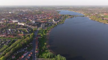 Summer panorama of Viborg, Midtjylland, Denmark. Aerial skyline view of the old town. Viborg ancient cathedral in the middle of Denmark, Traditional danish architecture. Street in Viborg, 