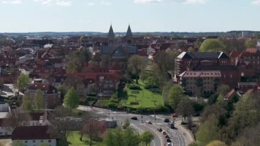 Summer panorama of Viborg, Midtjylland, Denmark. Aerial skyline view of the old town. Viborg ancient cathedral in the middle of Denmark, Traditional danish architecture. Street in Viborg, 