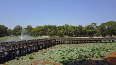 Futuristic aerial view panorama of developing Yangon city , Aerial view of Sule pagoda in downtown, Yangon, Myanmar. Sule Pagoda located in the heart of Yangon, Karaweik royal barge, Kandawgyi Lake,