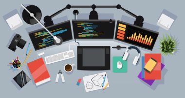  Freelancer iş yeri, üstten görünüm